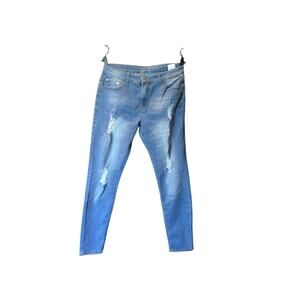 HUNGSON Men's Blue Slim Fit Jeans Stretch Destroyed Ripped Skinny Jeans Size L